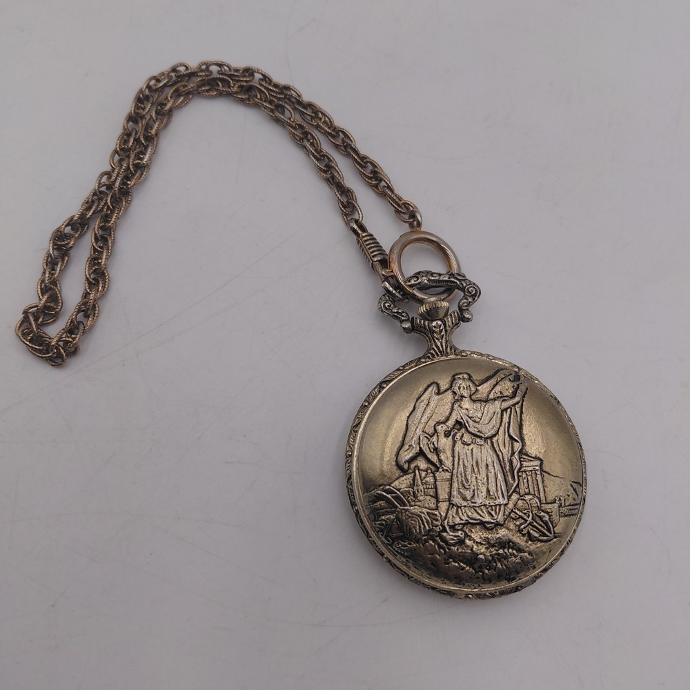 Vintage Sundial 17 Jewels Pocket Watch Etched Design Chain Not Working